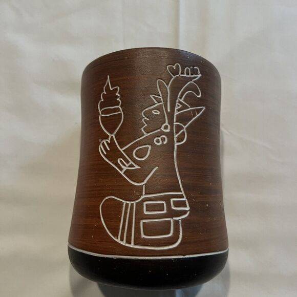 Vintage Mexican Pottery Vase Etched Mayan Aztec Orange Green Teotihuacan Mexico - Picture 3 of 7